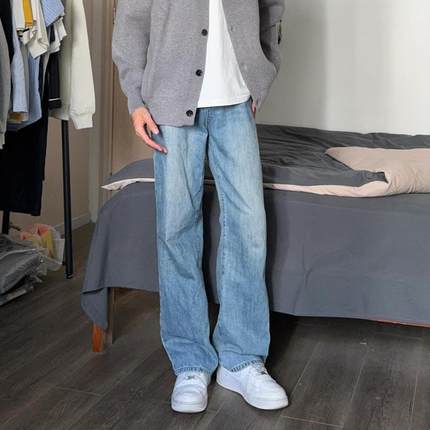 Cleanfit浅蓝色水洗直筒牛仔裤男潮款百搭宽松显瘦休闲裤阔腿裤子