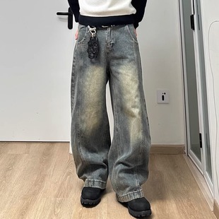 子潮 男弯刀休闲cleanfit阔腿长裤 美式 复古斜切拼接水洗宽松牛仔裤