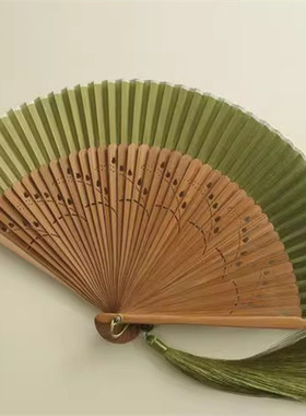 月亮扇 小清新6.6寸女扇草绿色折扇舞蹈汉服扇子纳凉便携小扇子