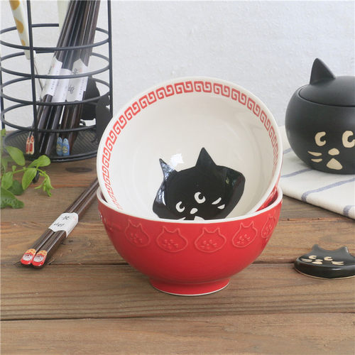 树下盒 Nya酱日式惊讶猫陶瓷碗釉下彩复古红浮雕米饭碗家用吃饭碗