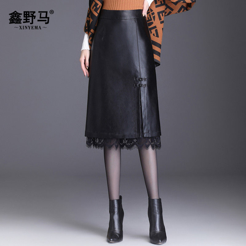 皮裙半身裙女秋冬中长款蕾丝边拼接PU皮2020新款显瘦高腰半截长裙