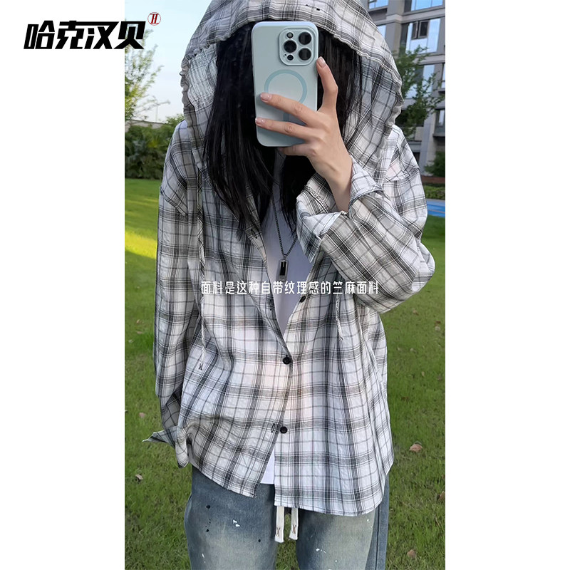 哈克汉贝夏季薄款衬衫防晒衣男女款宽松透气条纹格子连帽衬衣长袖
