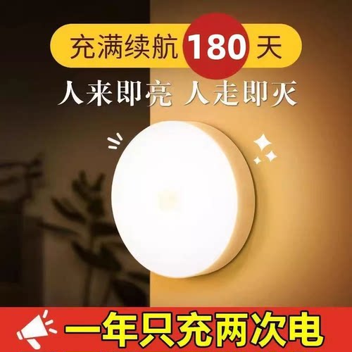 人体自动感应灯小夜灯卧室床头充电人来即亮厕所楼梯夜灯睡眠夜间