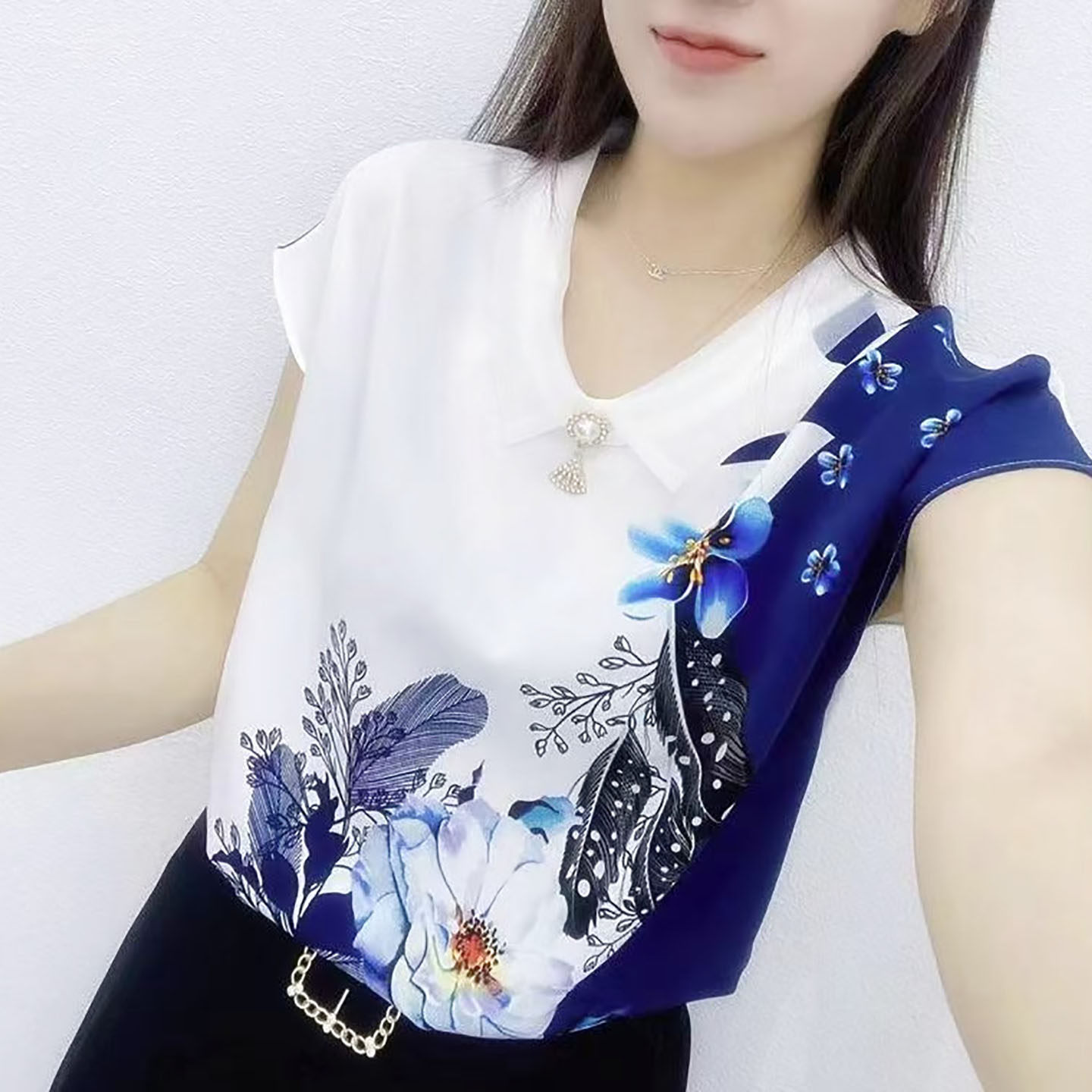 短袖衬衫女夏 通勤风印花T恤女短袖2026春新款宽松显瘦洋气质上衣
