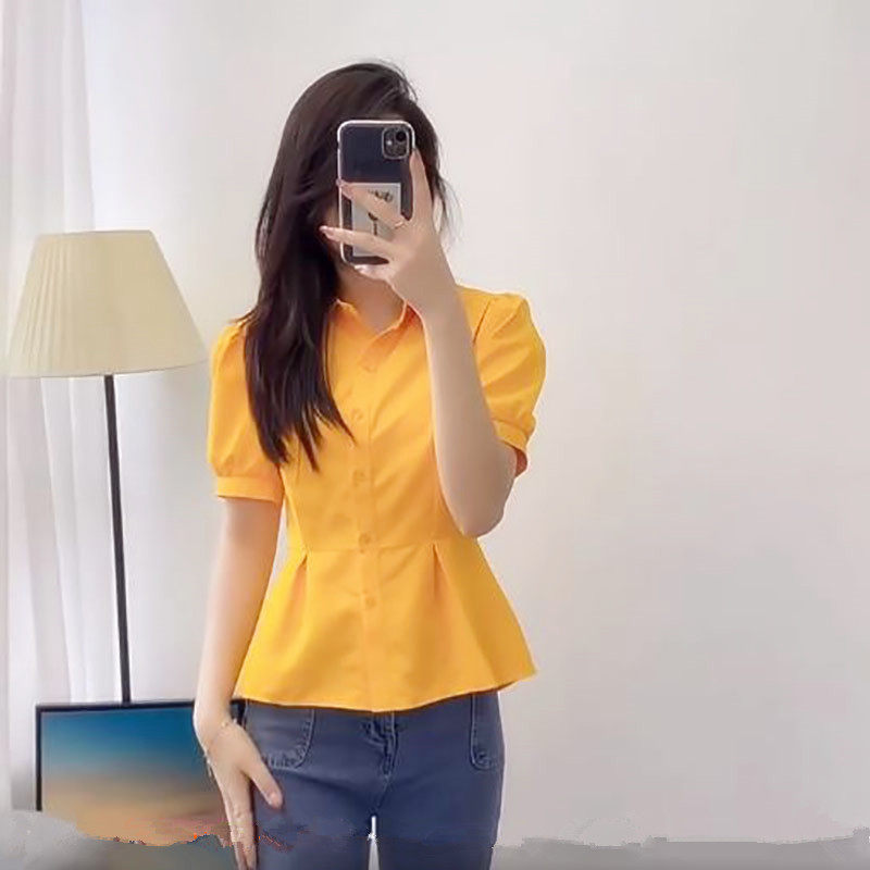 短袖衬衫女时尚洋气减龄白衬衣收腰前短后长荷叶气质女士上衣衬衫