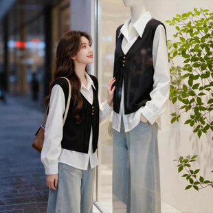 假两件套装马甲衬衫女学院风白色长袖衬衣叠穿黑背心显瘦减龄上衣