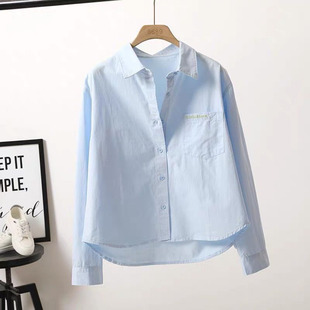 纯棉衬衫气质女士上衣小衫短款口袋宽松百搭时尚口袋白色防晒衬衣
