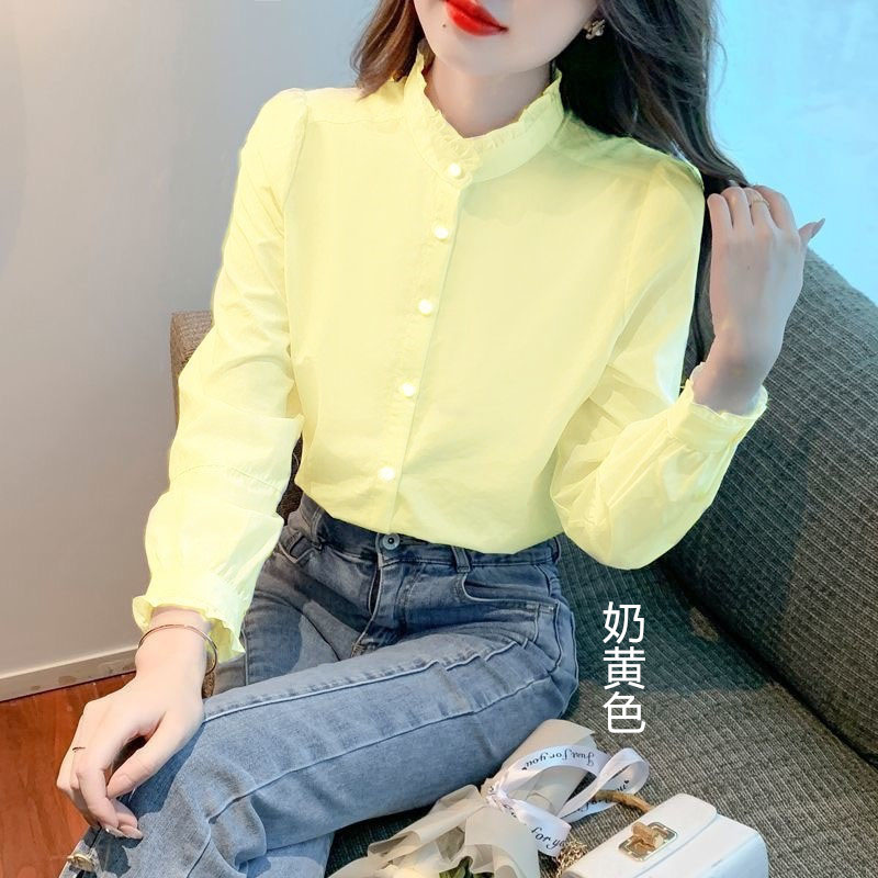 衬衣女款2025新款爆款花边衬衫外衣套打底衫洋气立领鹅淡黄嫩上衣