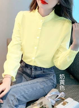 衬衣女款2025新款爆款花边衬衫外衣套打底衫洋气立领鹅淡黄嫩上衣