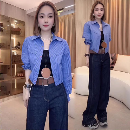 衬衫女抽绳蓝色条纹上衣短款外套