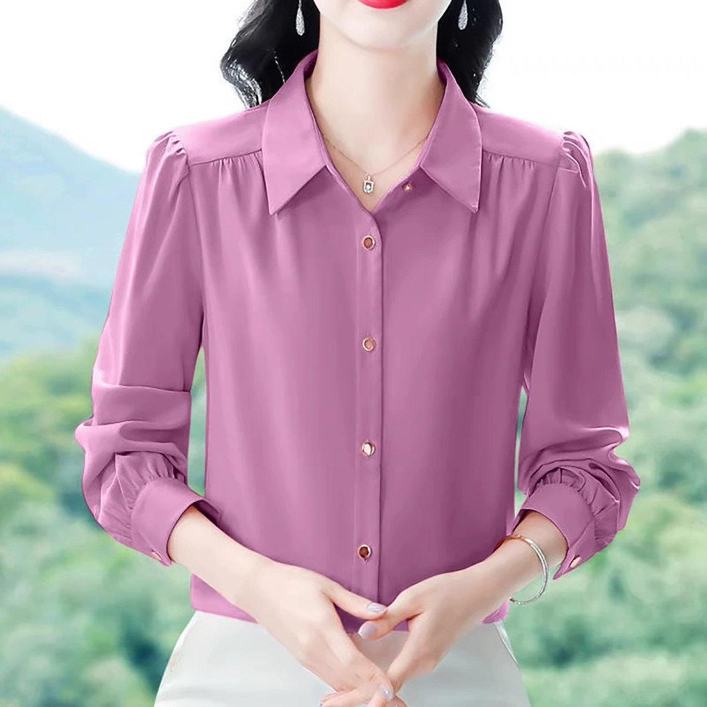 衬衫女长袖春秋衬衣褂纯色2026新款通勤风泡泡袖翻领显瘦洋气上衣