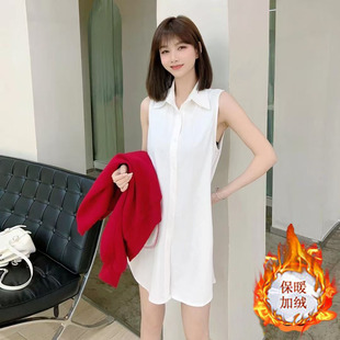 无袖加绒衬衫女中长款POLO领打底背心马甲夹叠穿内搭外穿白色衬衣