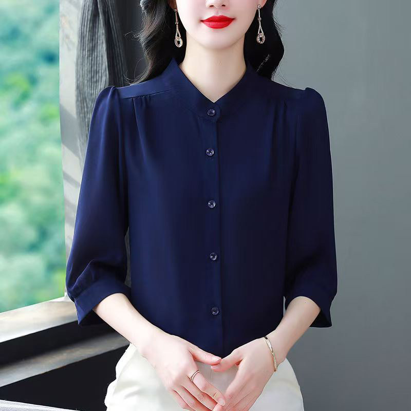 高端七分袖纯色衬衫妈妈夏秋季女装新款女士小衫宽松衬衣气质上衣