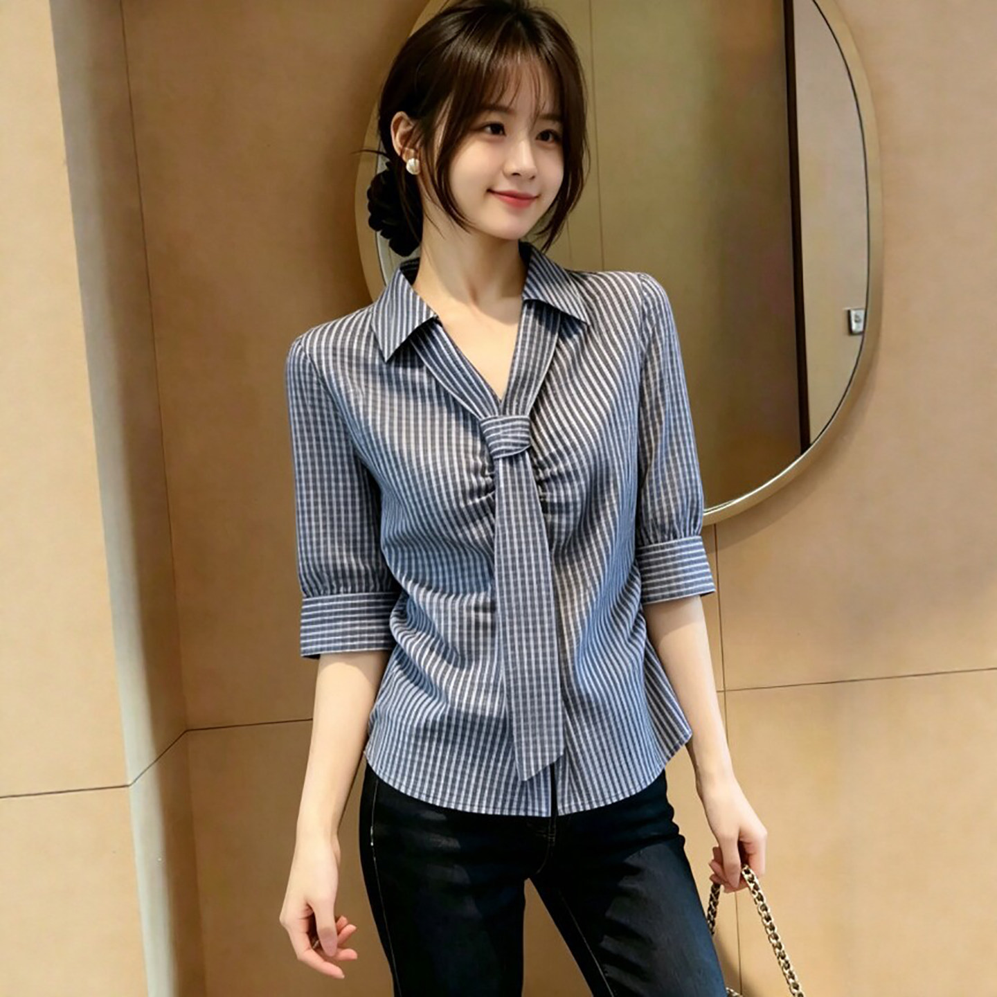 条纹格子衬衫女短袖中袖显瘦上衣