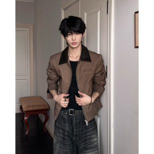 轻奢高级感上衣 翻领PU拼接秋季 LACANEDE 复古巴恩老钱风夹克