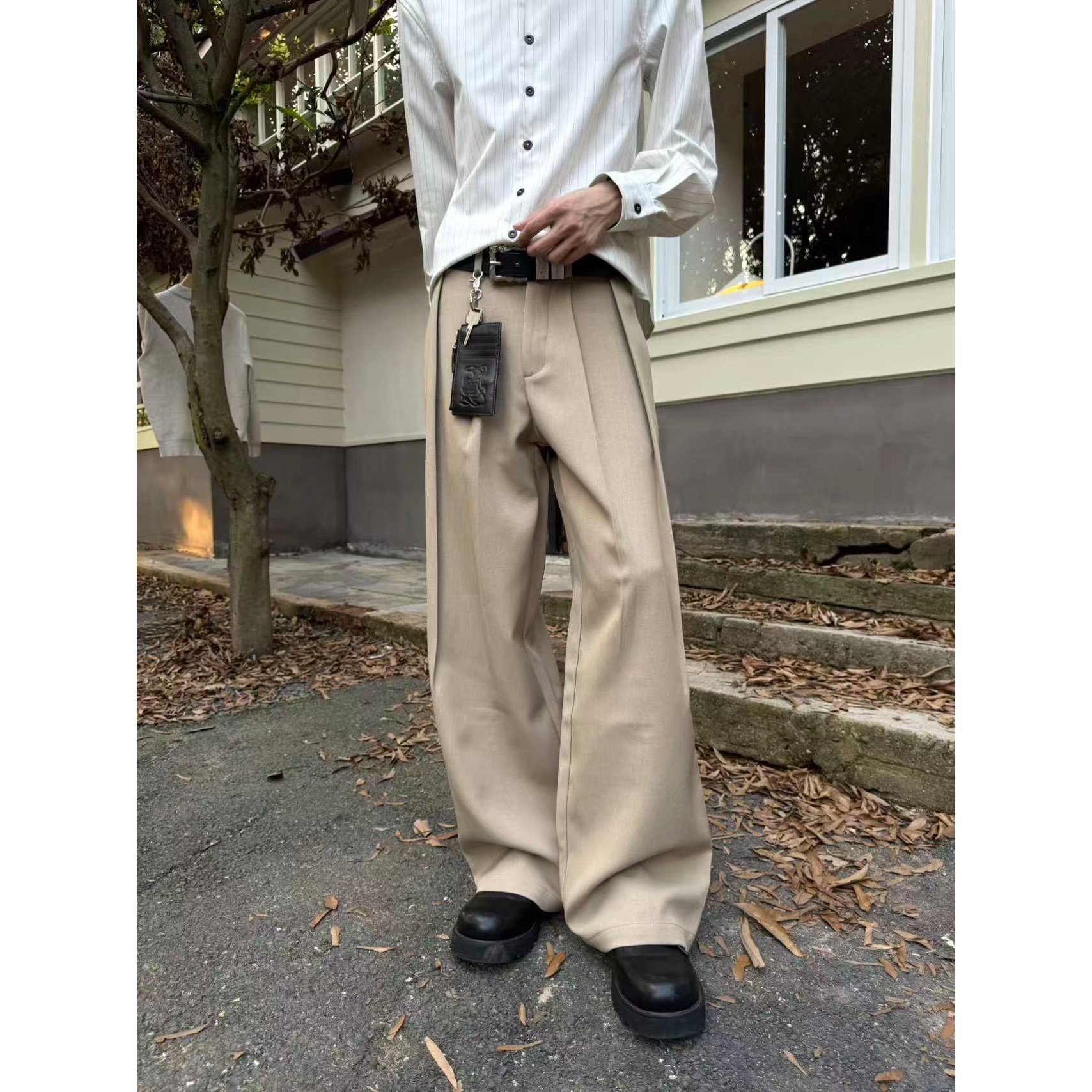 LECANEDE 立体剪裁廓形打褶老钱风麻感西裤男直筒宽松长裤