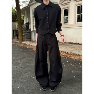 ins中性cleanfit宽松垂感休闲阔腿裤 LACANEDE 立体褶皱廓形西裤