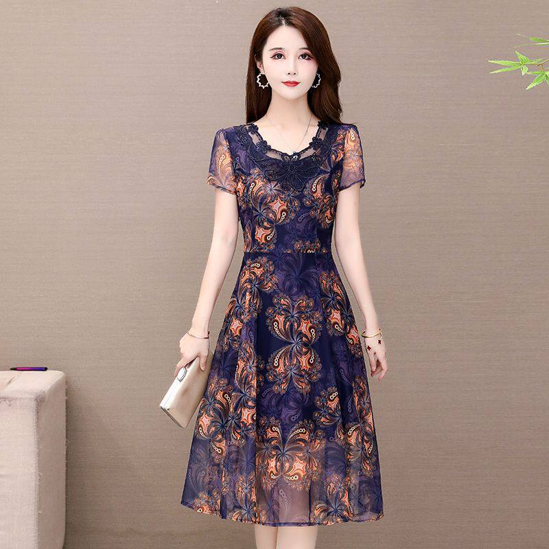 三彩 虹女装 旗舰店伊芙官方心悦连衣裙妈妈夏装雪纺洋气中年大码