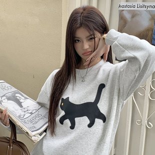 实拍2025秋冬新款 华棉超柔潮牌黑猫咪印花宽松圆领卫衣女加绒上衣