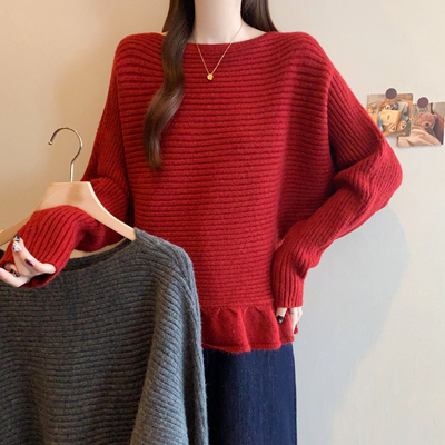 实拍2025冬季新款大码女装时尚荷叶边设计一字领系带收腰针织上衣