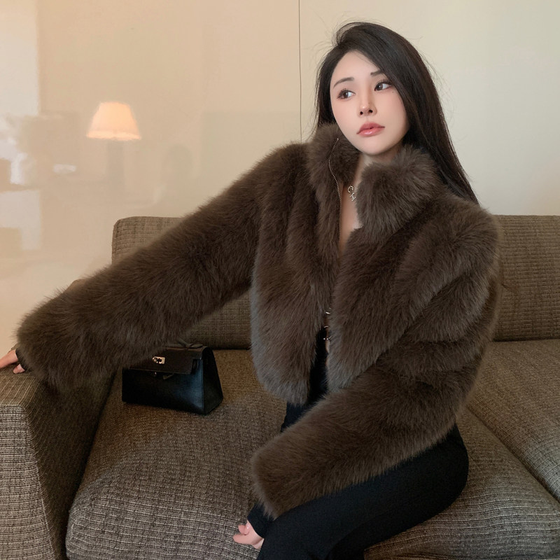 实拍原创辣妹仿狐狸毛外套拉链短款高级感立领女韩版短款毛毛皮草