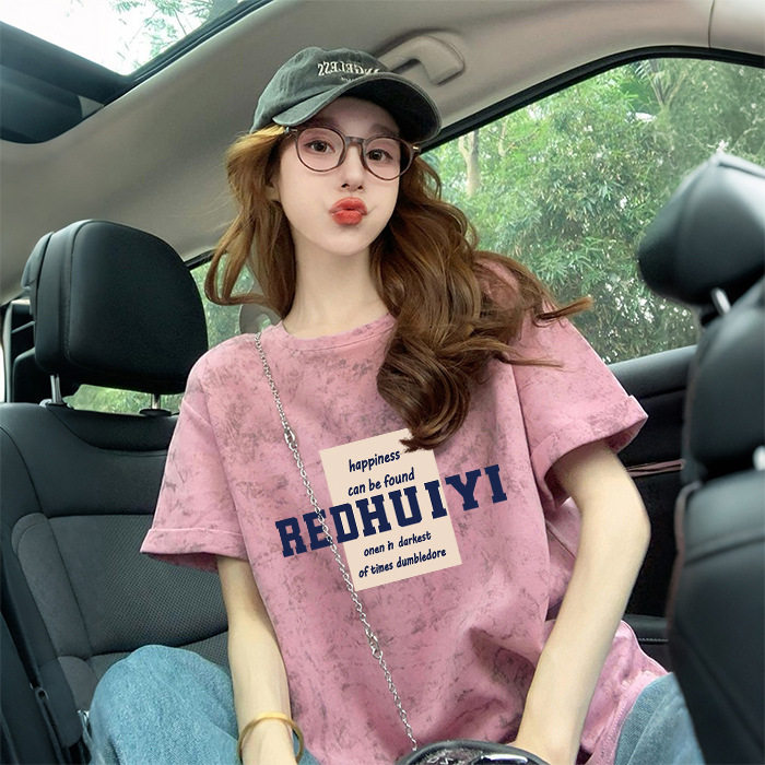 ins韩系字母印花宽松短袖t恤女夏日多巴胺扎染显瘦减龄百搭上衣潮