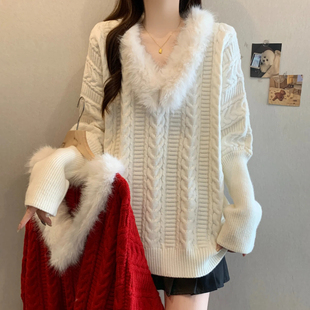 减龄显瘦超好看高级感毛毛V领毛衣胖MM针织衫 冬新款 围巾 女装 大码