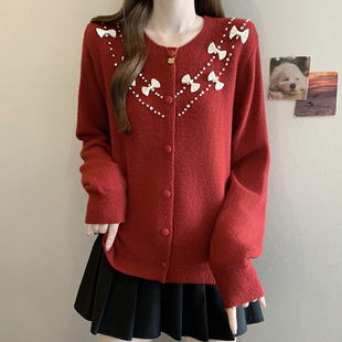 实拍秋冬大码 甜美软糯新年毛衣 小香风新年氛围感蝴蝶结钉珠针织衫