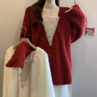 显瘦百搭毛衣 慵懒风V领亮珠毛茸茸针女中长款 2025年秋冬新大码 款