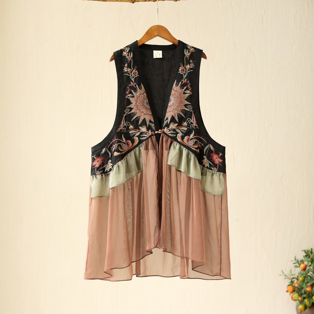 千椿物喜原创中式复古民族风亚麻拼接刺绣一粒盘扣中长款背心马夹