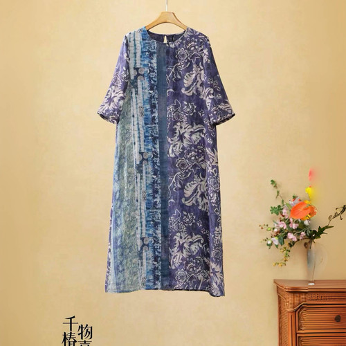 楚馨苎麻连衣裙原创田国风刺绣蓝染青花夏款圆领中袖宽松连衣裙