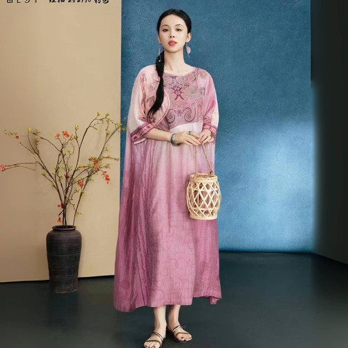 千椿物喜高端国风苎麻棉连衣裙2025春夏重工刺绣长款百搭袍子袍服
