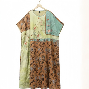 千椿物喜原创新中式 袍子宽松连衣裙 国风100苎麻牡丹花刺绣短袖