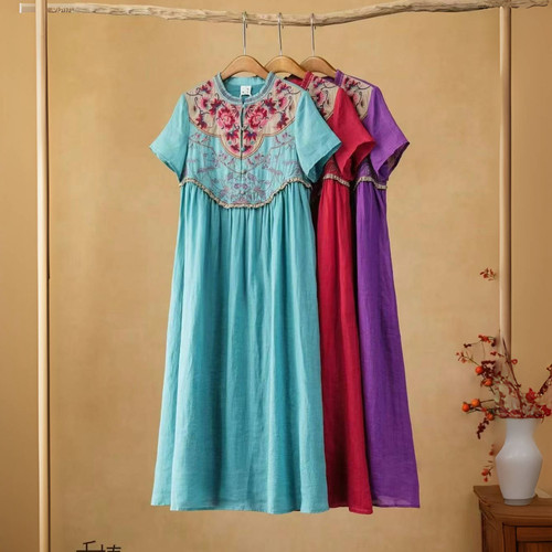 楚馨原创民族风文艺复古重工刺绣宽松提花天丝苎麻短袖连衣裙夏