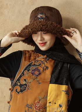 楚馨原创新中式国风重工复古花朵贴布刺绣带毛边夹棉百搭棉帽帽子