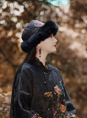 【冬晨】原创年冬季新款国风刺绣毛边绣花保暖民族风狐狸毛帽子女