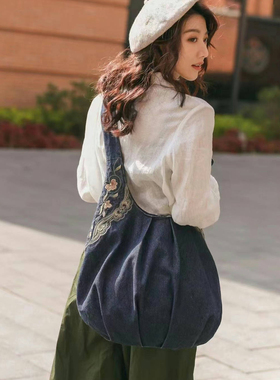 云朵包原创设计民族风刺绣牛仔麻单肩斜挎包手提包肩带可调调性包