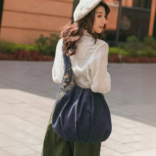 云朵包原创设计民族风刺绣牛仔麻单肩斜挎包手提包肩带可调调性包