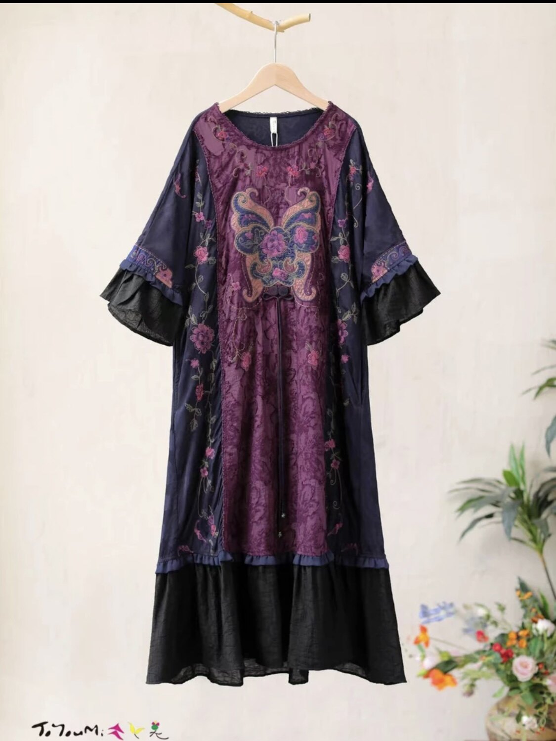 【常乐】楚馨原创新款新中式复古刺绣花气质七分袖袍子连衣裙