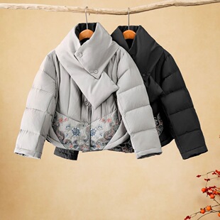 千椿物喜设计师定制款刺绣围巾两件套羽绒服女冬厚款保暖外套鸭绒
