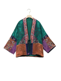 重工刺绣新中式孔雀绿拼接对襟系带设计师原创民族风短开衫外套秋