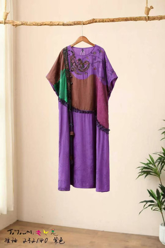 紫薇原创刺绣文艺复古民族风唐风宽松提花丝棉短袖连衣裙宽松袍子