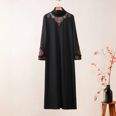 楚馨正品原创高定款文艺黑色民族刺绣高弹高领加绒打底连衣裙秋冬