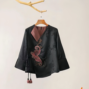 楚馨原创高定款新中式国风刺绣盘扣上衣女春款宽松衬衫衬衣外套黑