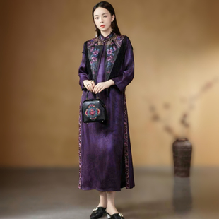 紫色重工刺绣新中式连衣裙女改良旗袍九分袖国风中长款复古气质