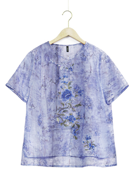 楚馨千椿物喜原创设计民族风刺绣短袖衬衫女复古文艺上衣短袖衬衣