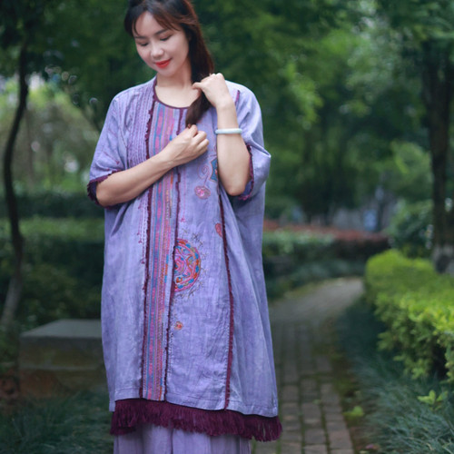 新中式国风国风民族风重工刺绣气质圆领落肩宽松中长款连衣裙女