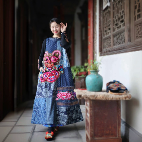 刺绣民族风连衣裙中长款A字裙背心长裙外套复古女春夏季新款文艺
