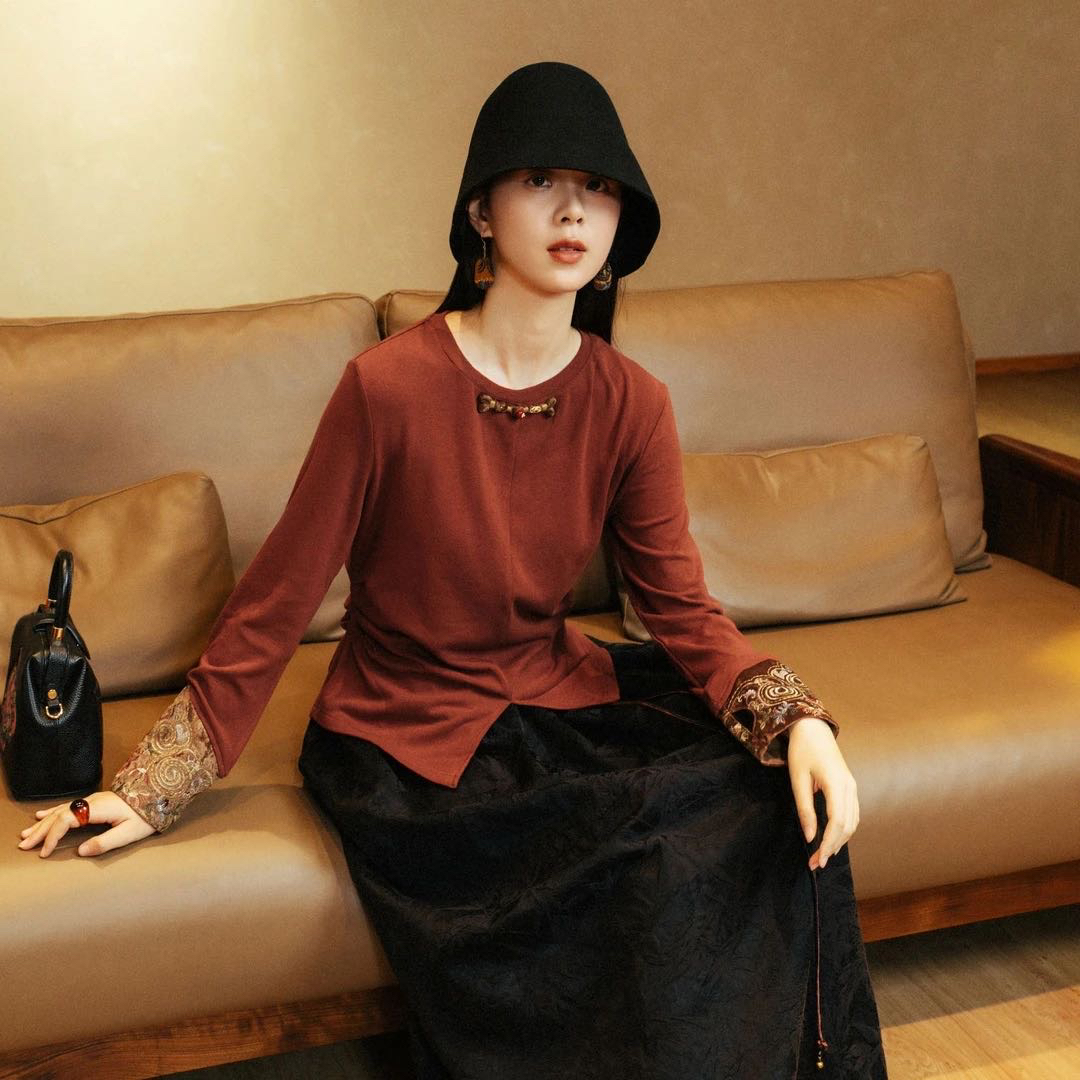 楚馨2025春秋新款新中式圆领打底衫可外穿保暖内搭国风上衣女遮肉