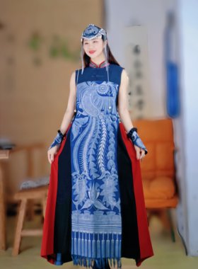 草木染蜡染拼接长裙女复古民族风立领无袖国风连衣裙四季款潮搭